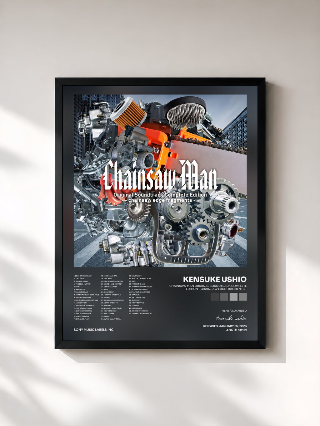 #noir Tableau de l'album Chainsaw Man Original Soundtrack Complete Edition - chainsaw edge fragments - de kensuke ushio, cadre noir, imprimé et encadré en France