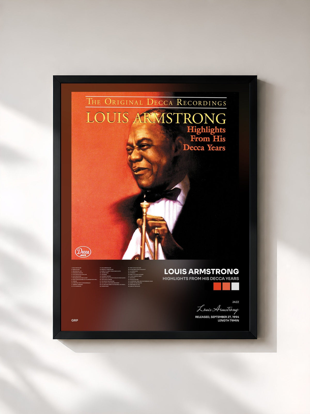 #noir Tableau de l'album Highlights From His Decca Years de Louis Armstrong, cadre noir, imprimé et encadré en France