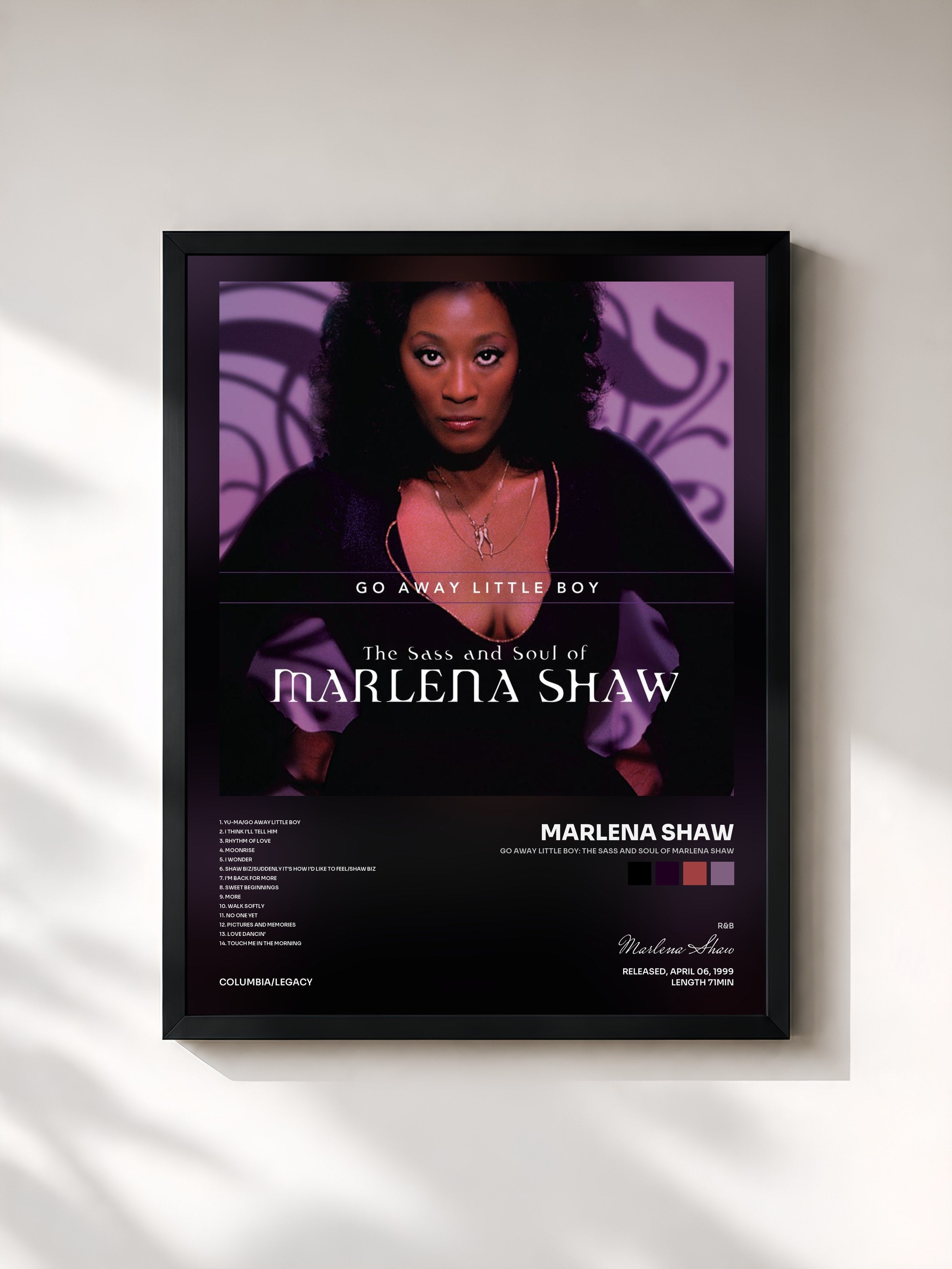 #noir Tableau de l'album Go Away Little Boy: The Sass And Soul Of Marlena Shaw de Marlena Shaw, cadre noir, imprimé et encadré en France