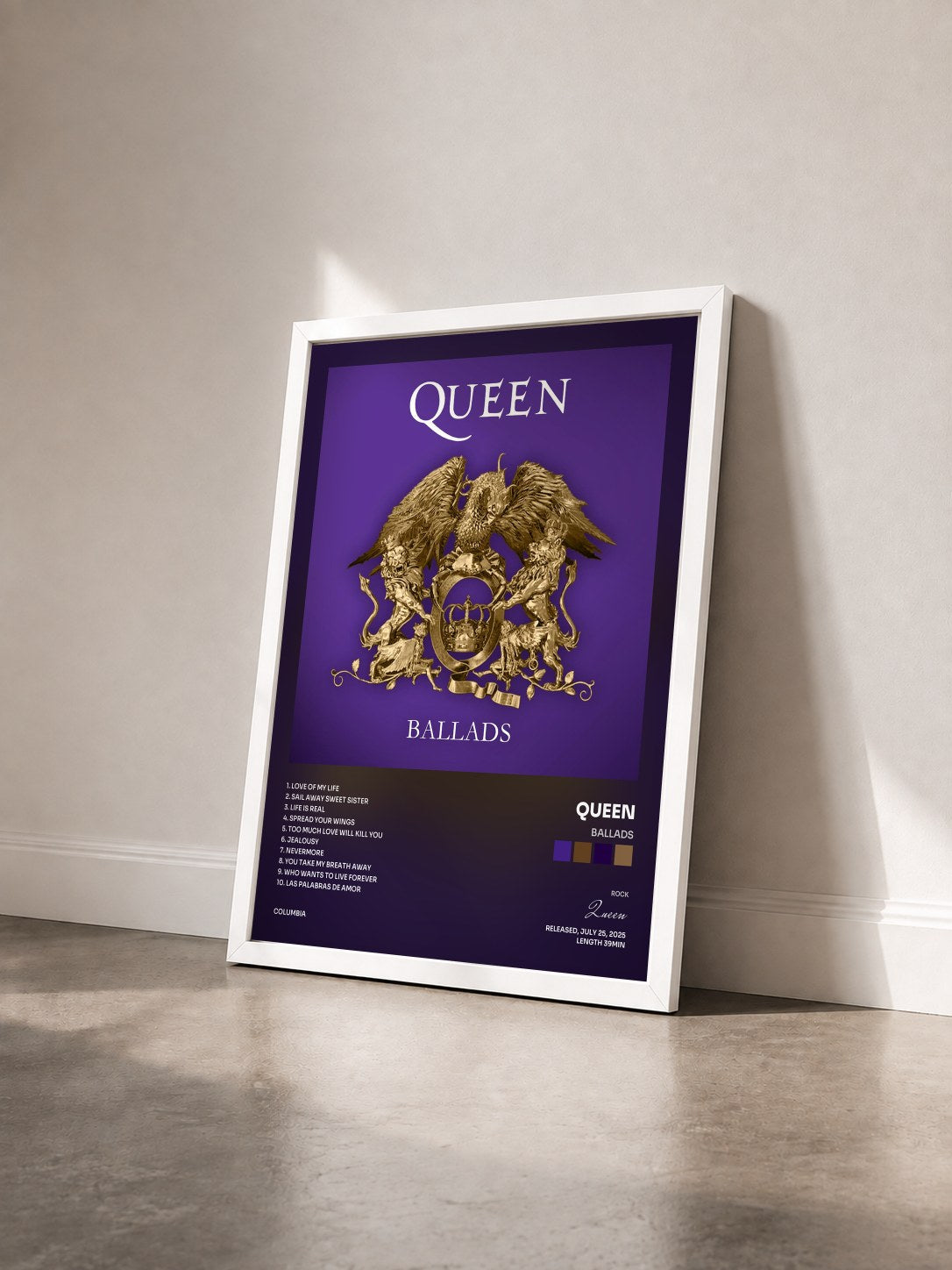 #blanc Tableau de l'album Ballads de Queen vu de trois quarts, cadre blanc