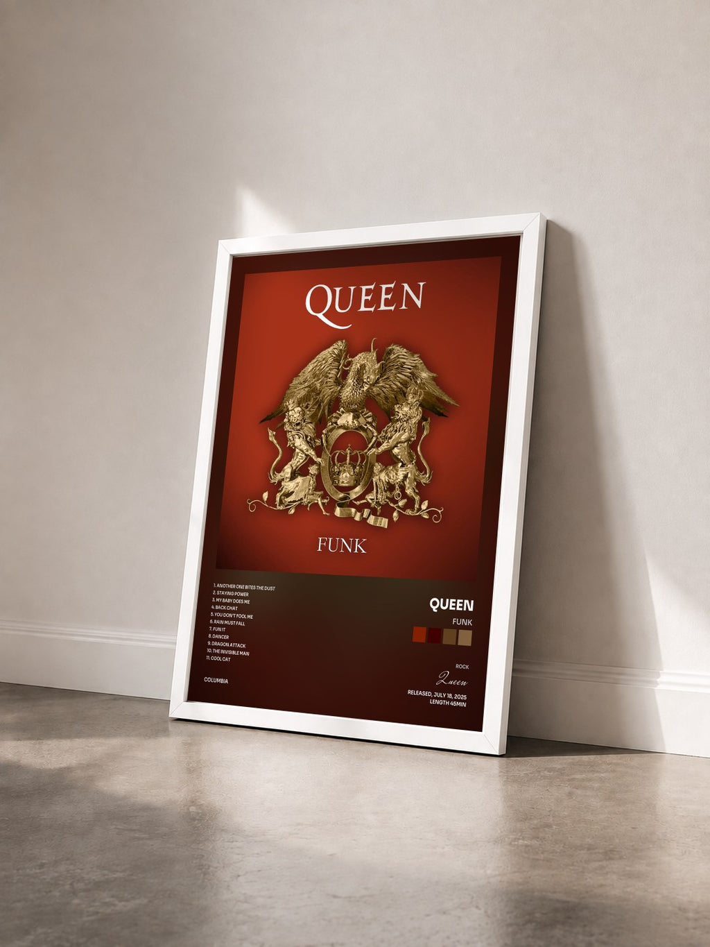 #blanc Tableau de l'album Funk de Queen vu de trois quarts, cadre blanc