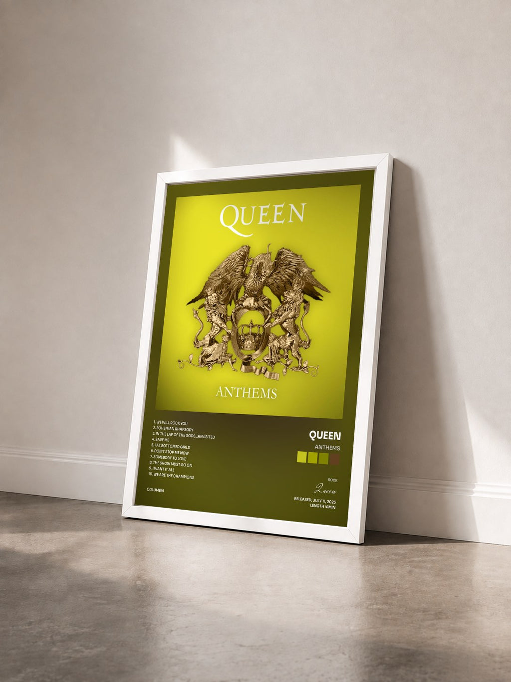 #blanc Tableau de l'album Anthems de Queen vu de trois quarts, cadre blanc