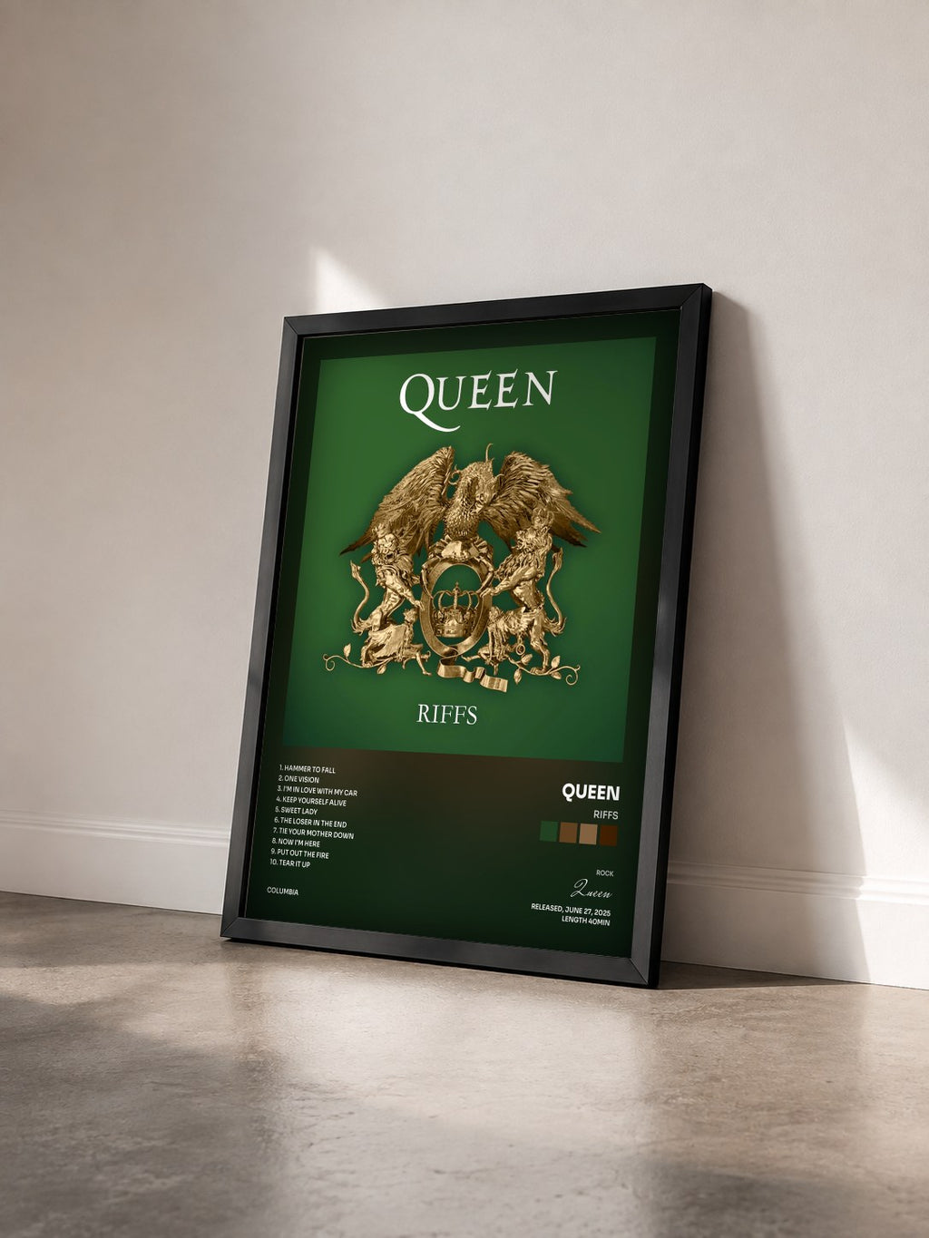 #noir Tableau de l'album Riffs de Queen vu de trois quarts, cadre noir