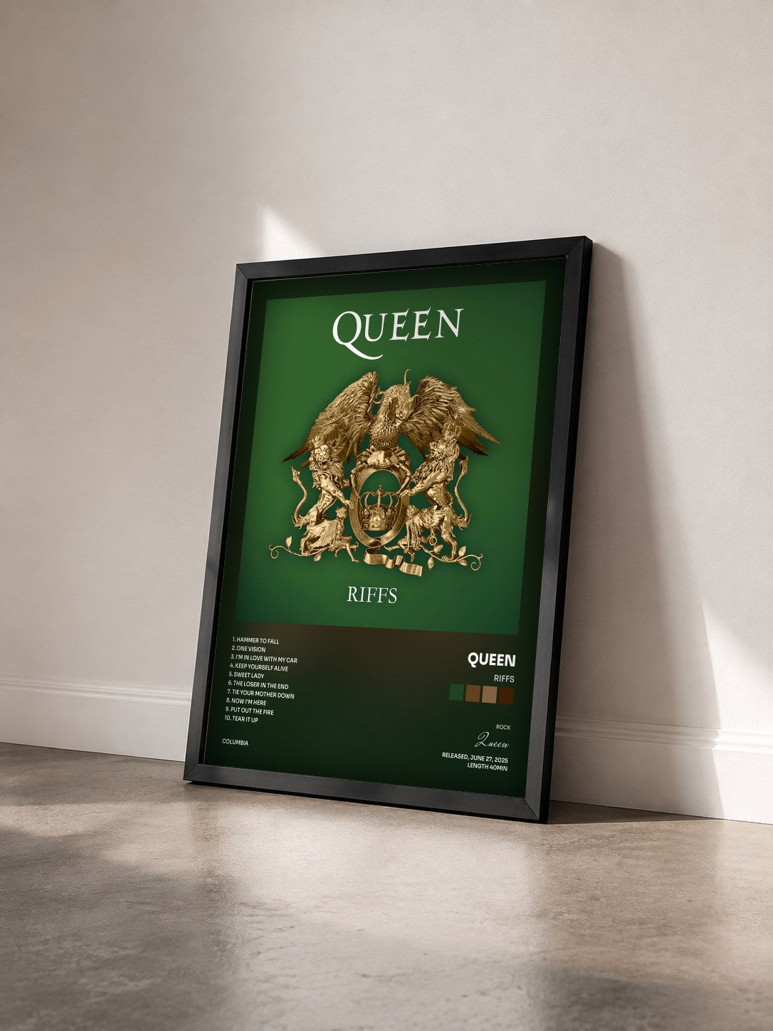 #noir Tableau de l'album Riffs de Queen vu de trois quarts, cadre noir