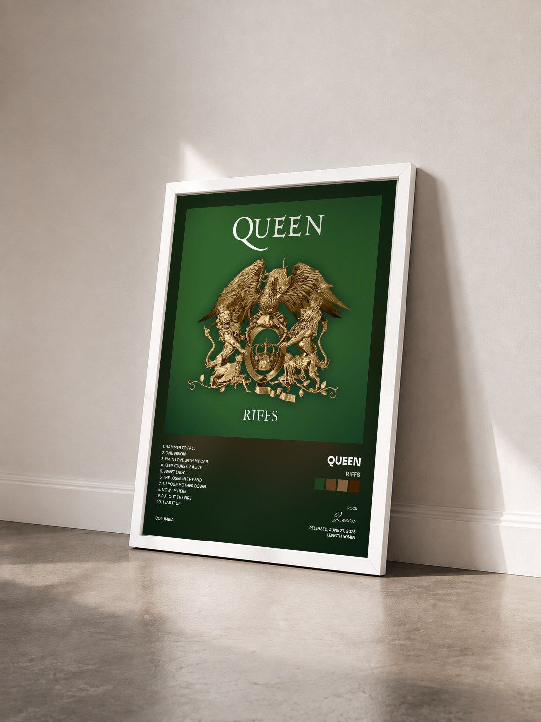 #blanc Tableau de l'album Riffs de Queen vu de trois quarts, cadre blanc