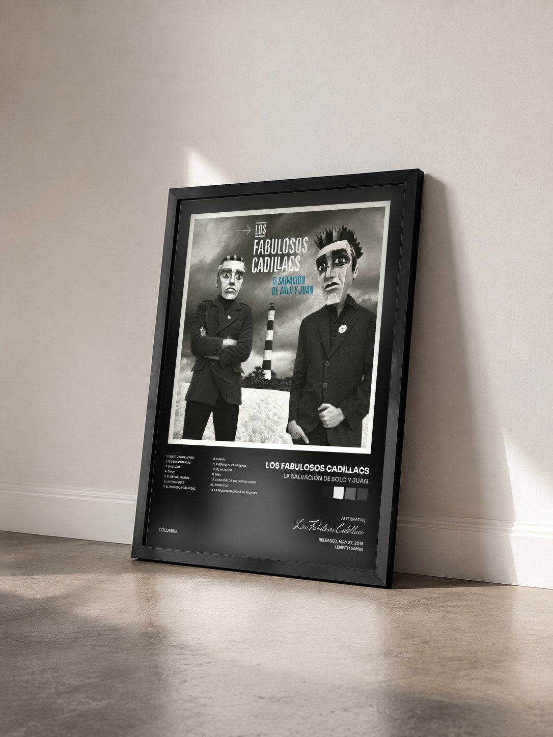 #noir Tableau de l'album La Salvación de Solo y Juan de Los Fabulosos Cadillacs vu de trois quarts, cadre noir