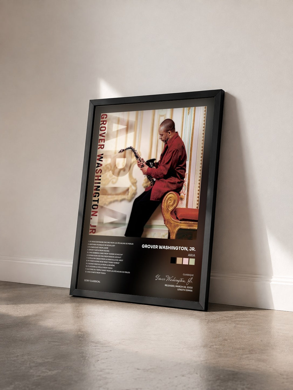 #noir Tableau de l'album Aria de Grover Washington, Jr. vu de trois quarts, cadre noir