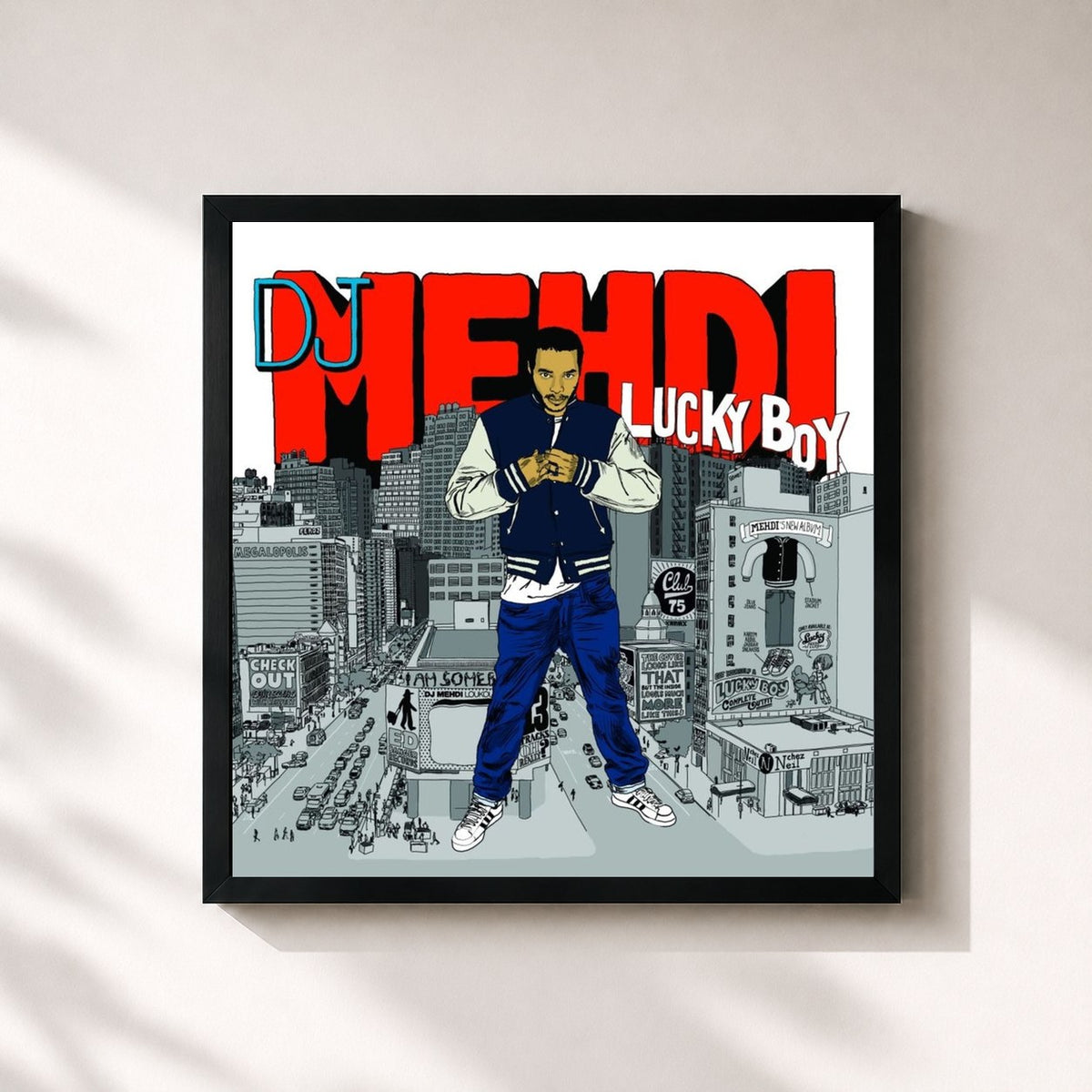 #noir Tableau carré de l'album Lucky Boy de DJ Mehdi, cadre noir 32x32 cm