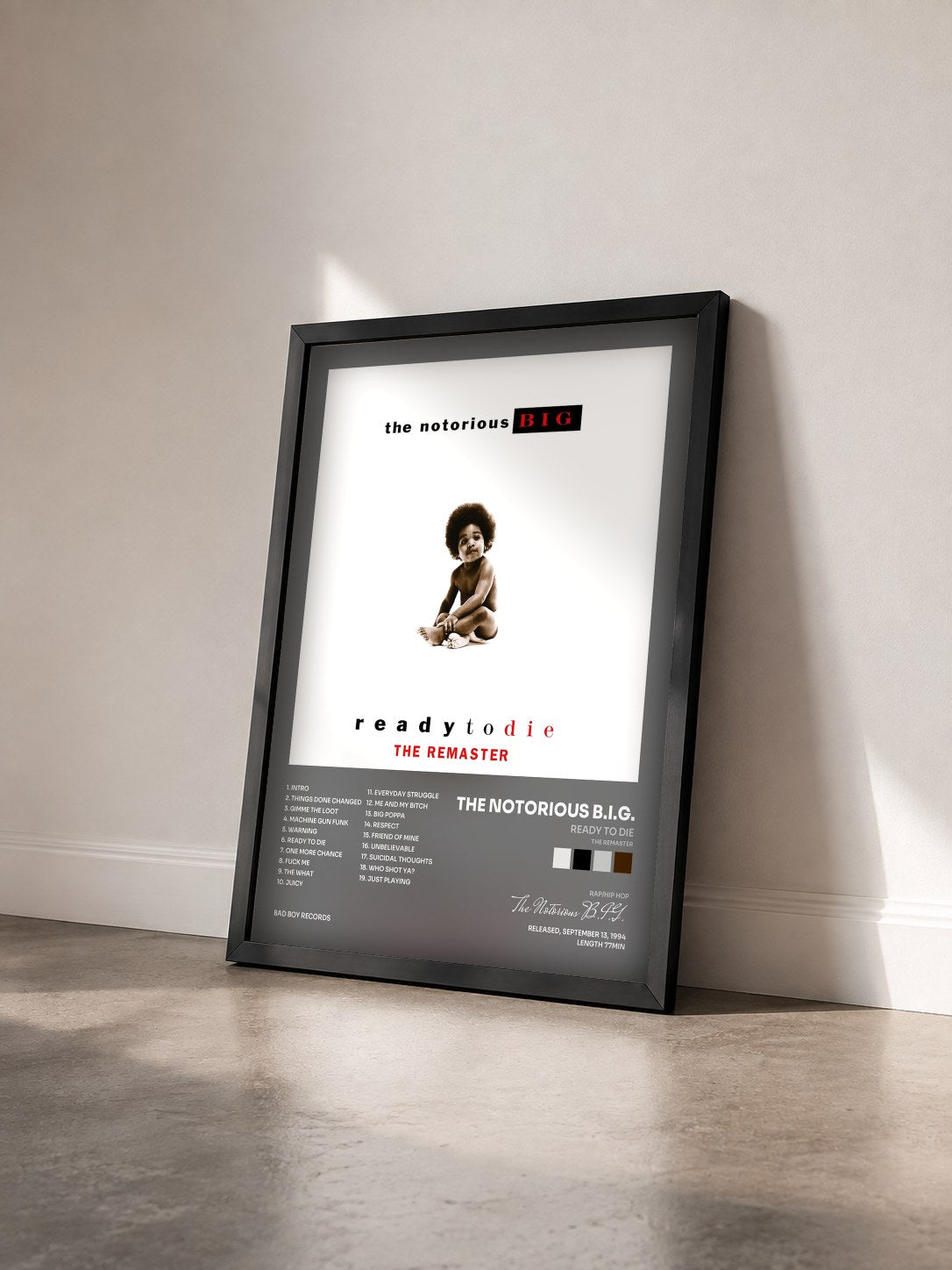 #noir Tableau de l'album Ready to Die (The Remaster) de The Notorious B.I.G. vu de trois quarts, cadre noir