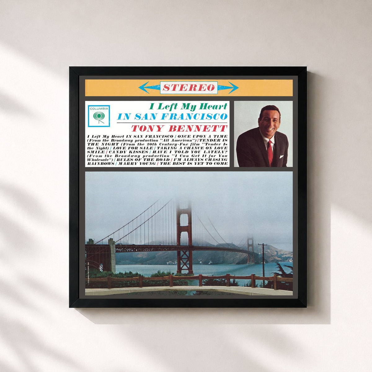 #noir I Left My Heart In San Francisco di Tony Bennett in stampa quadrata incorniciata, cornice nera 32x32 cm