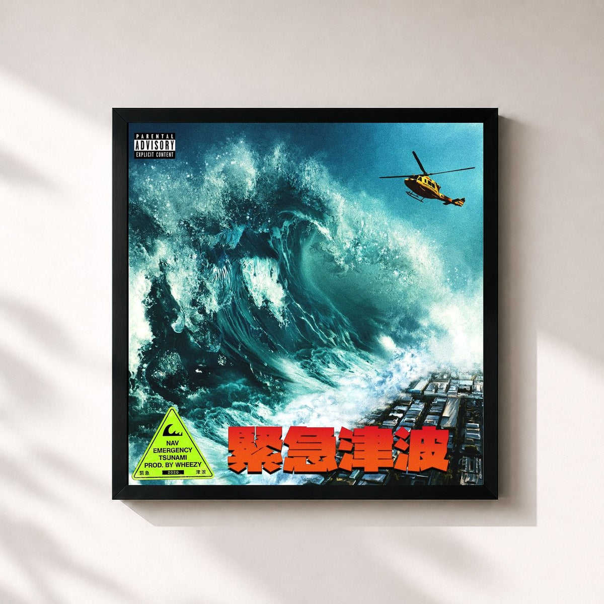 #noir Tableau carré de l'album Emergency Tsunami de NAV, cadre noir 32x32 cm