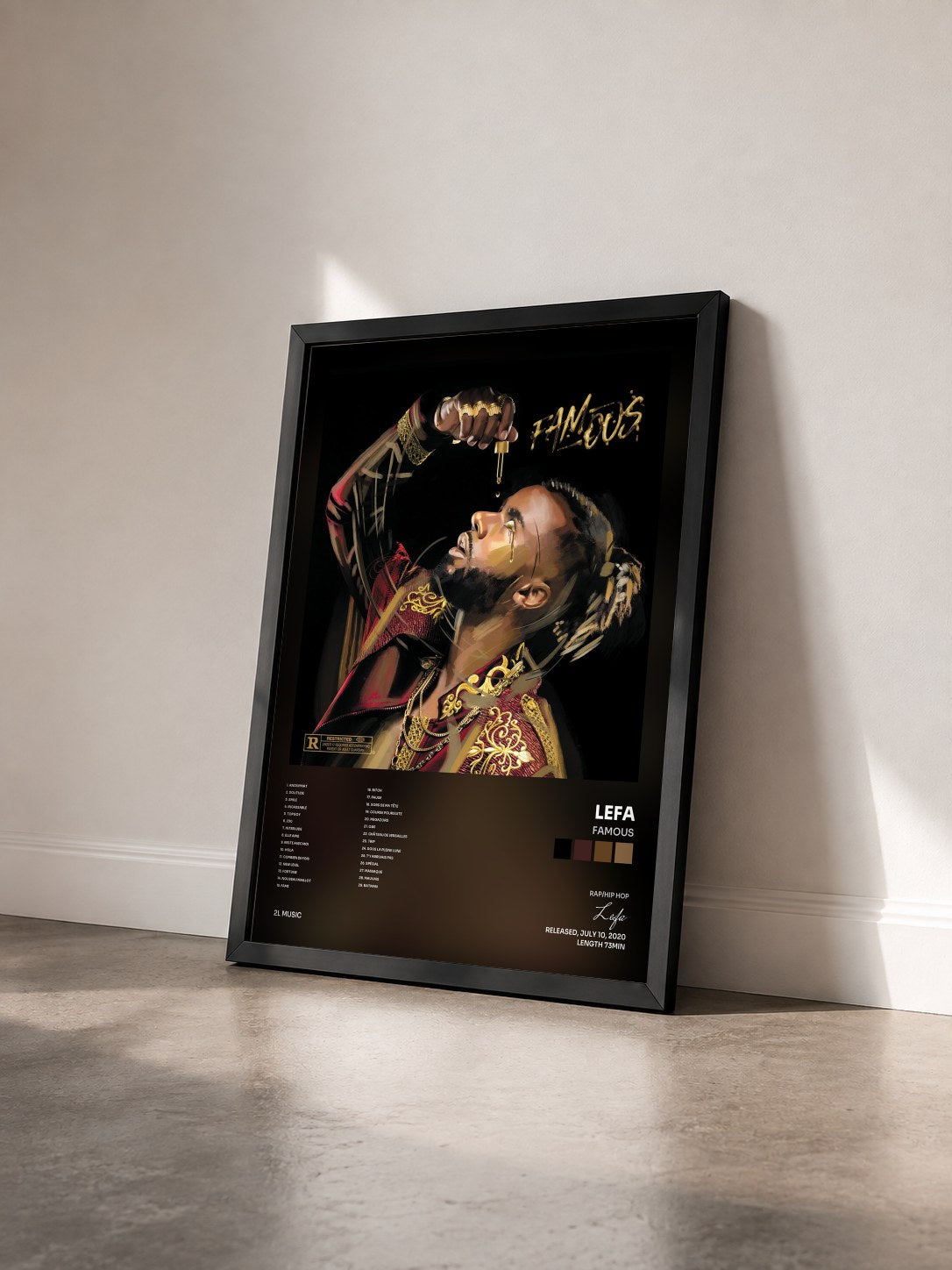 #noir Tableau de l'album FAMOUS de Lefa vu de trois quarts, cadre noir