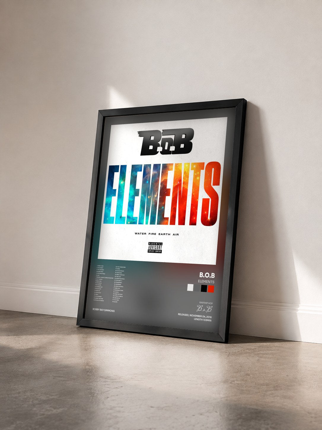 #noir Tableau de l'album Elements de B.o.B vu de trois quarts, cadre noir