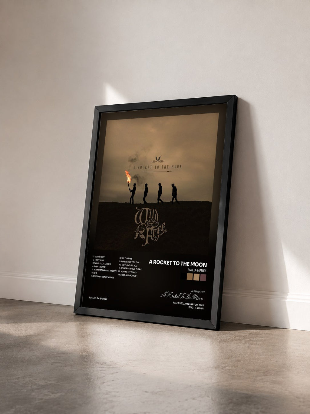 #noir Tableau de l'album Wild & Free de A Rocket To The Moon vu de trois quarts, cadre noir