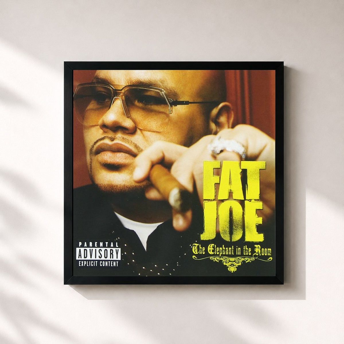 #noir Tableau carré de l'album The Elephant In The Room de Fat Joe, cadre noir 32x32 cm