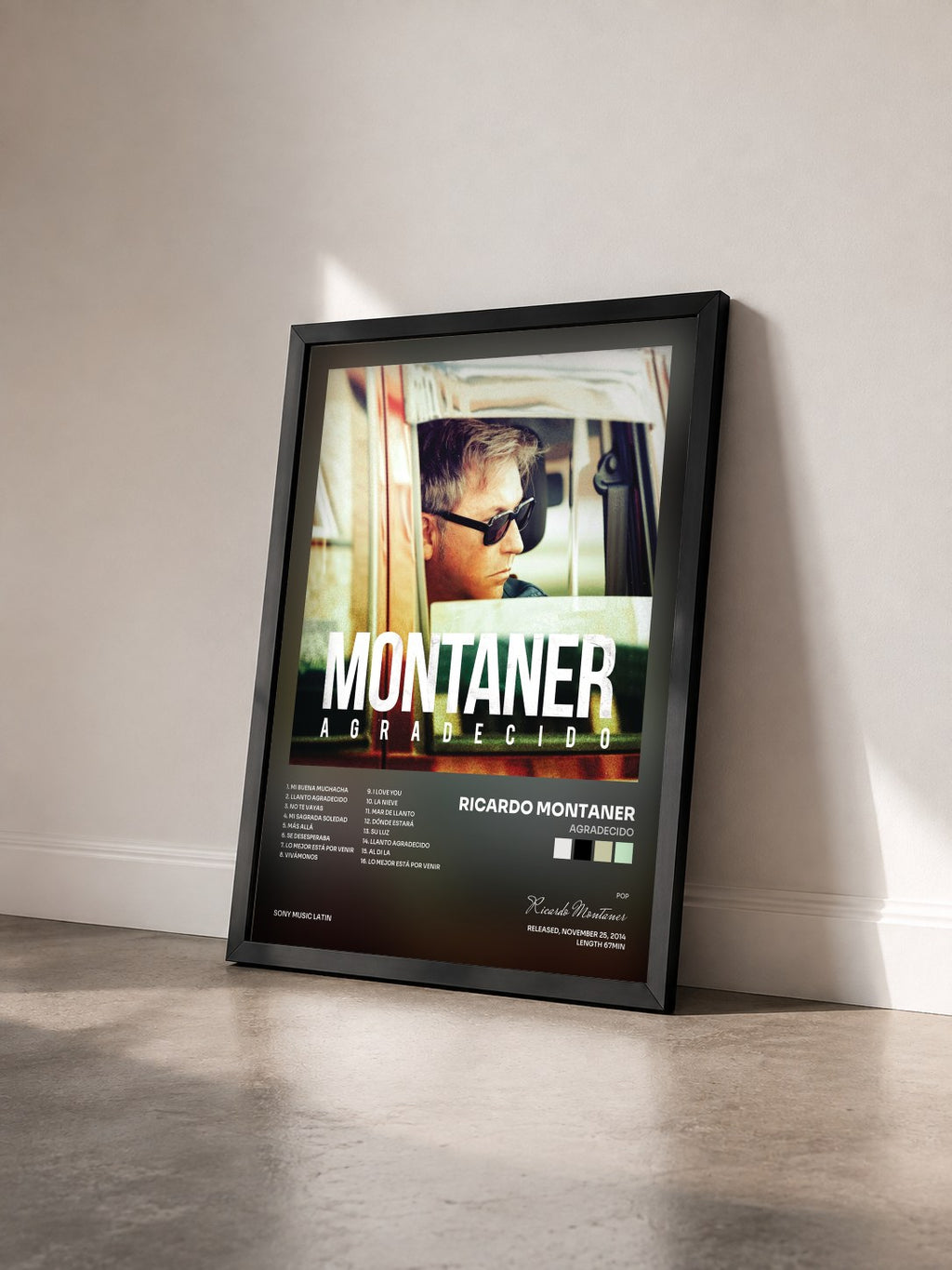 #noir Tableau de l'album Agradecido de Ricardo Montaner vu de trois quarts, cadre noir