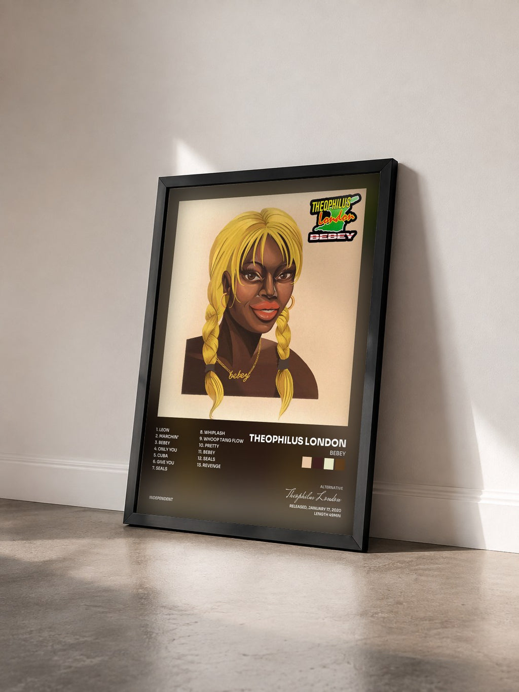 #noir Tableau de l'album Bebey de Theophilus London vu de trois quarts, cadre noir