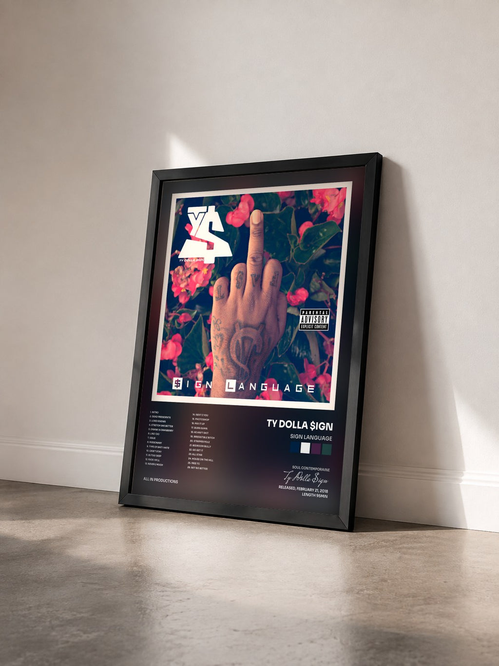 #noir Tableau de l'album Sign Language de Ty Dolla $ign vu de trois quarts, cadre noir