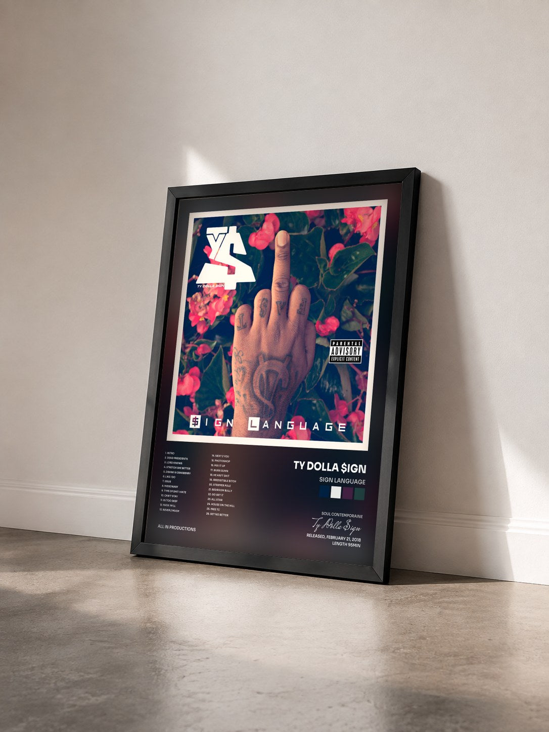 #noir Tableau de l'album Sign Language de Ty Dolla $ign vu de trois quarts, cadre noir
