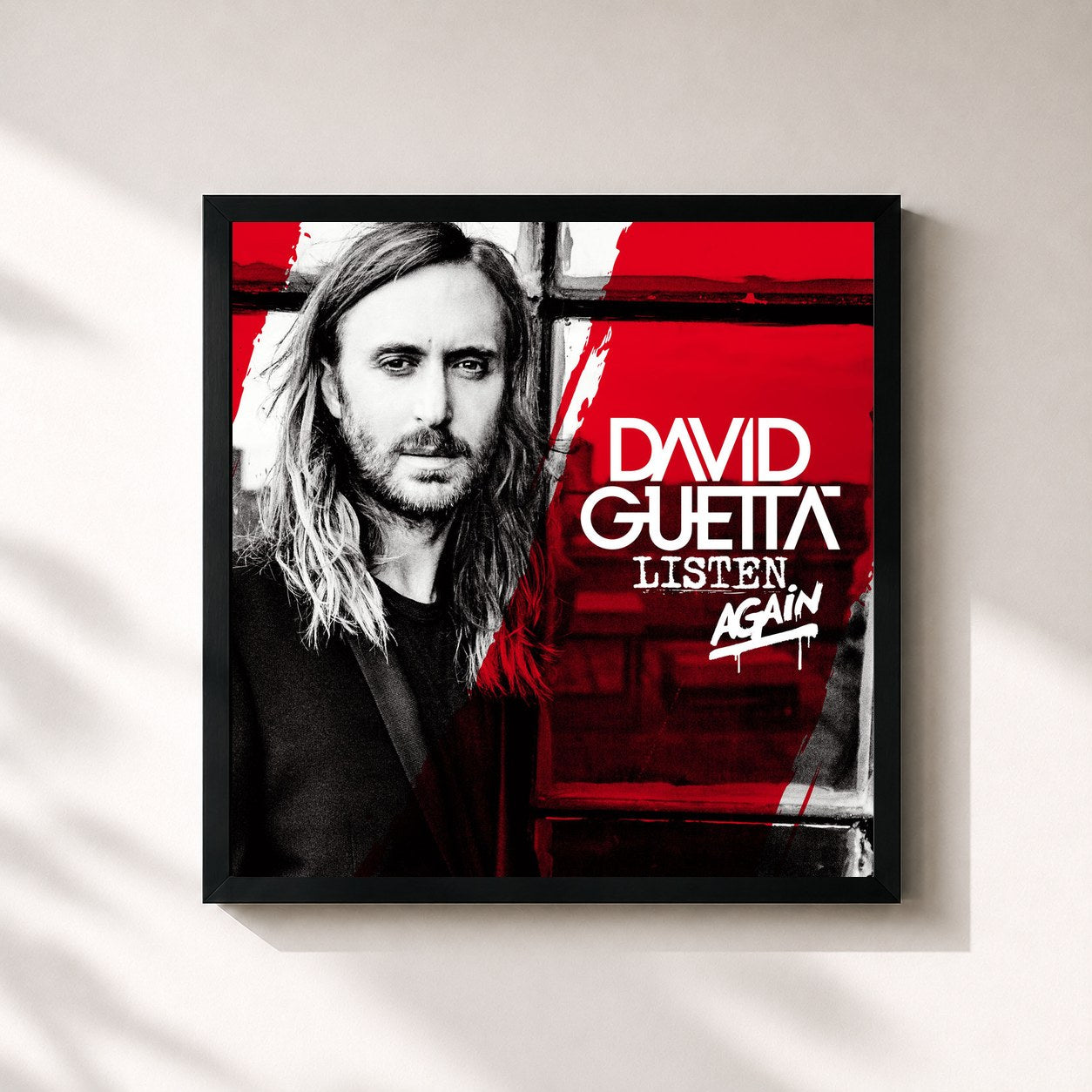 #noir Tableau carré de l'album Listen Again de David Guetta, cadre noir 32x32 cm