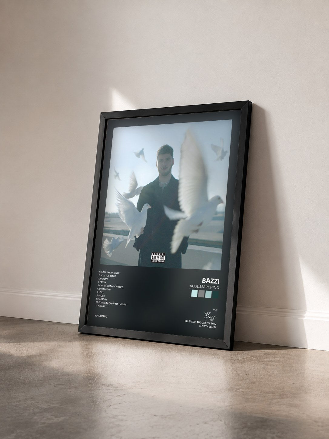 #noir Tableau de l'album Soul Searching de Bazzi vu de trois quarts, cadre noir