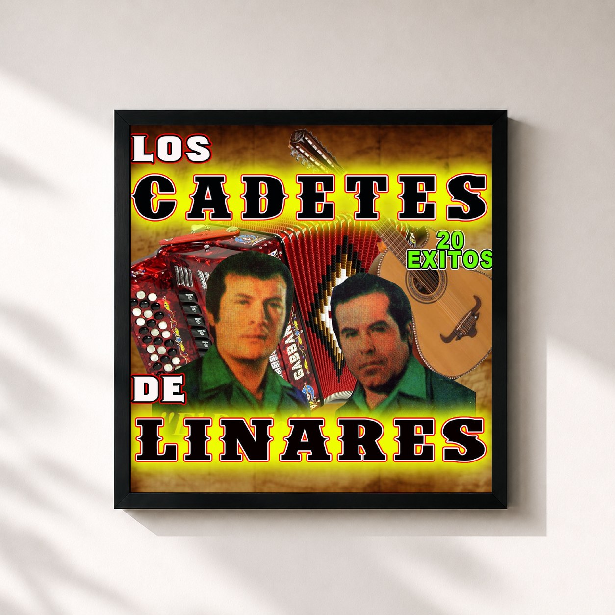 #noir Tableau carré de l'album 20 Exitos de Los Cadetes De Linares, cadre noir 32x32 cm