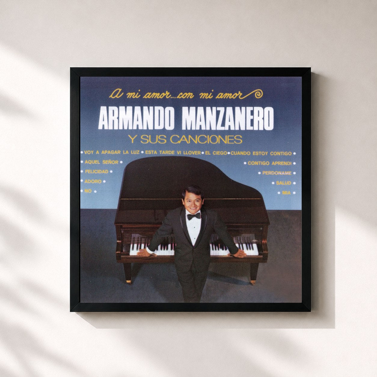 #noir Tableau carré de l'album A Mi Amor Con Mi Amor de Armando Manzanero, cadre noir 32x32 cm