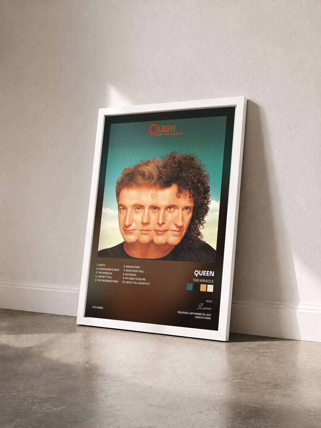 #blanc Tableau de l'album The Miracle de Queen vu de trois quarts, cadre blanc