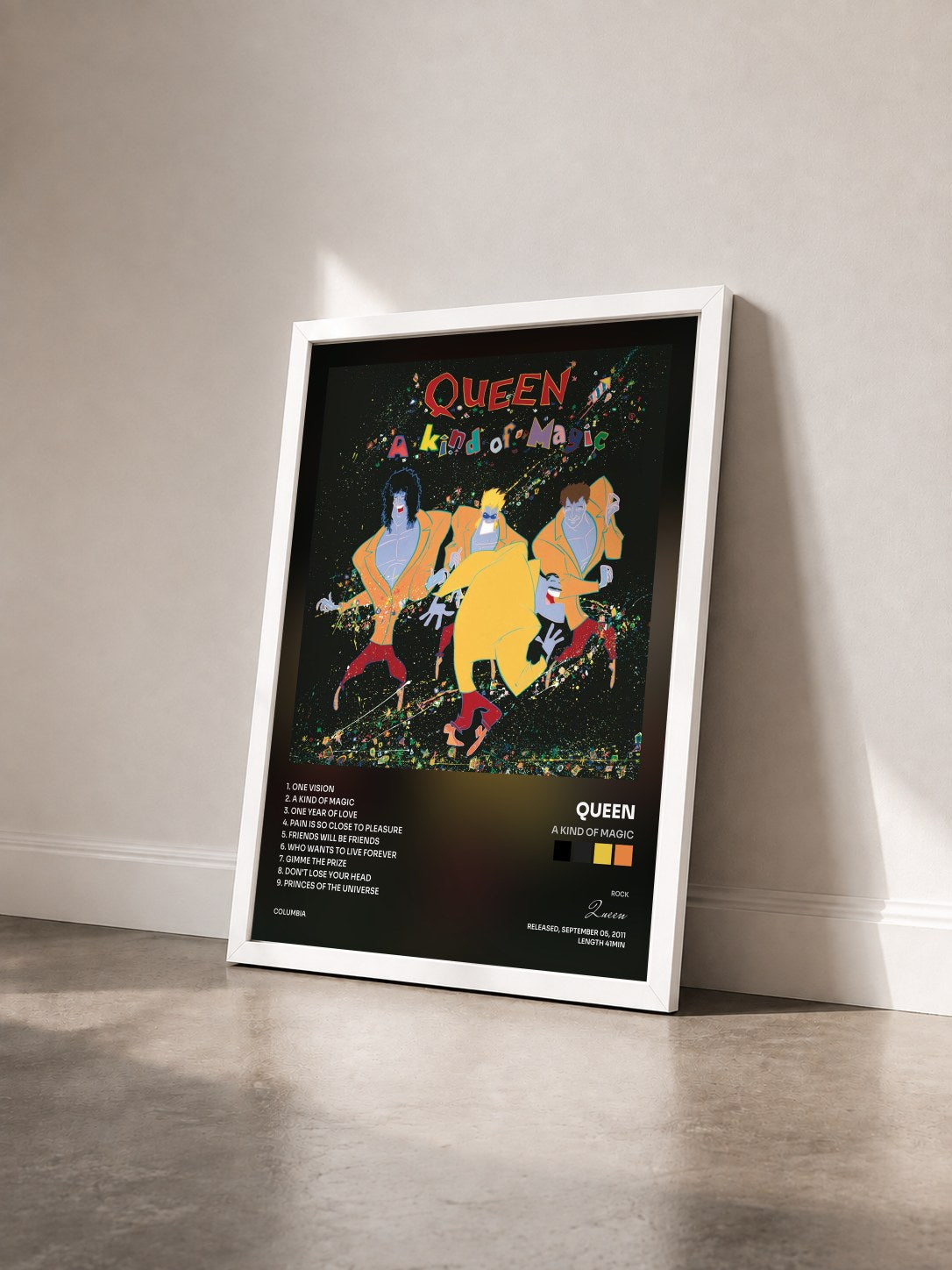 #blanc Tableau de l'album A Kind Of Magic de Queen vu de trois quarts, cadre blanc