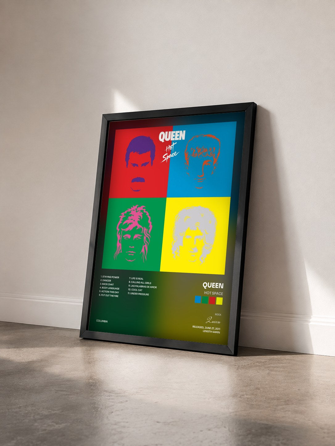 #noir Tableau de l'album Hot Space de Queen vu de trois quarts, cadre noir