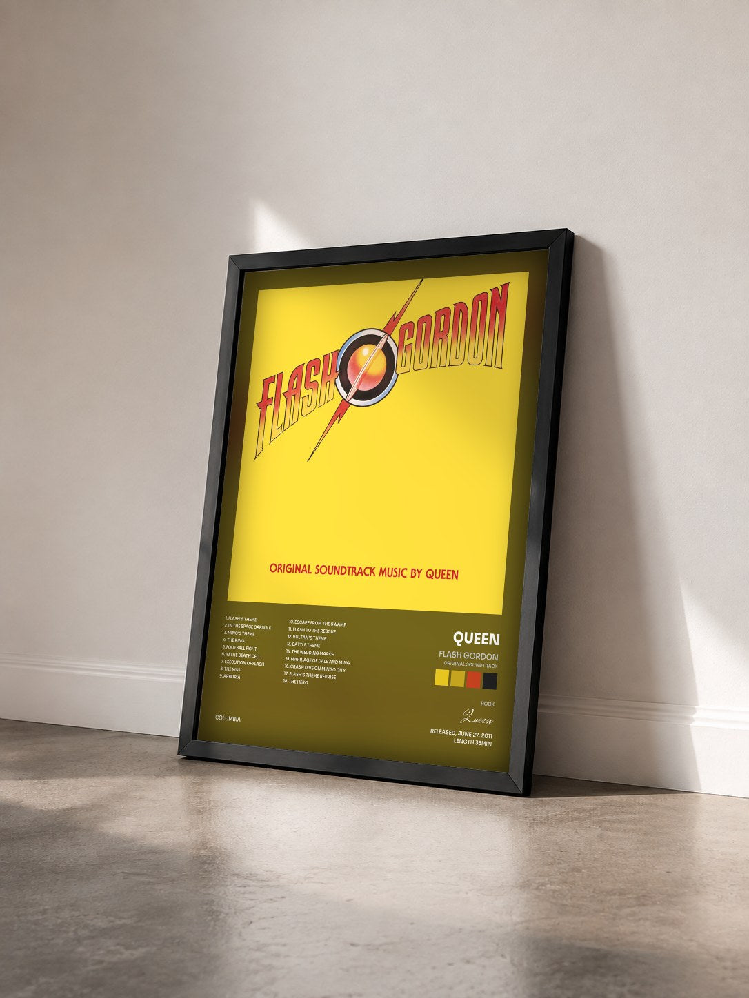 #noir Tableau de l'album Flash Gordon (Original Soundtrack) de Queen vu de trois quarts, cadre noir