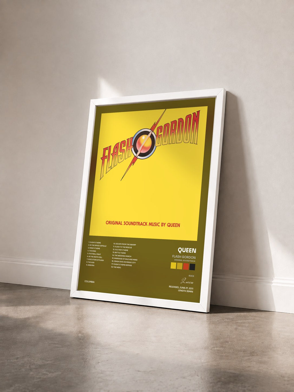#blanc Tableau de l'album Flash Gordon (Original Soundtrack) de Queen vu de trois quarts, cadre blanc