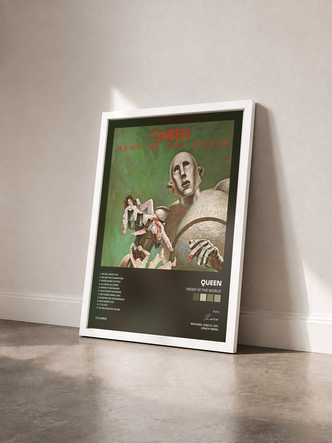 #blanc Tableau de l'album News Of The World de Queen vu de trois quarts, cadre blanc