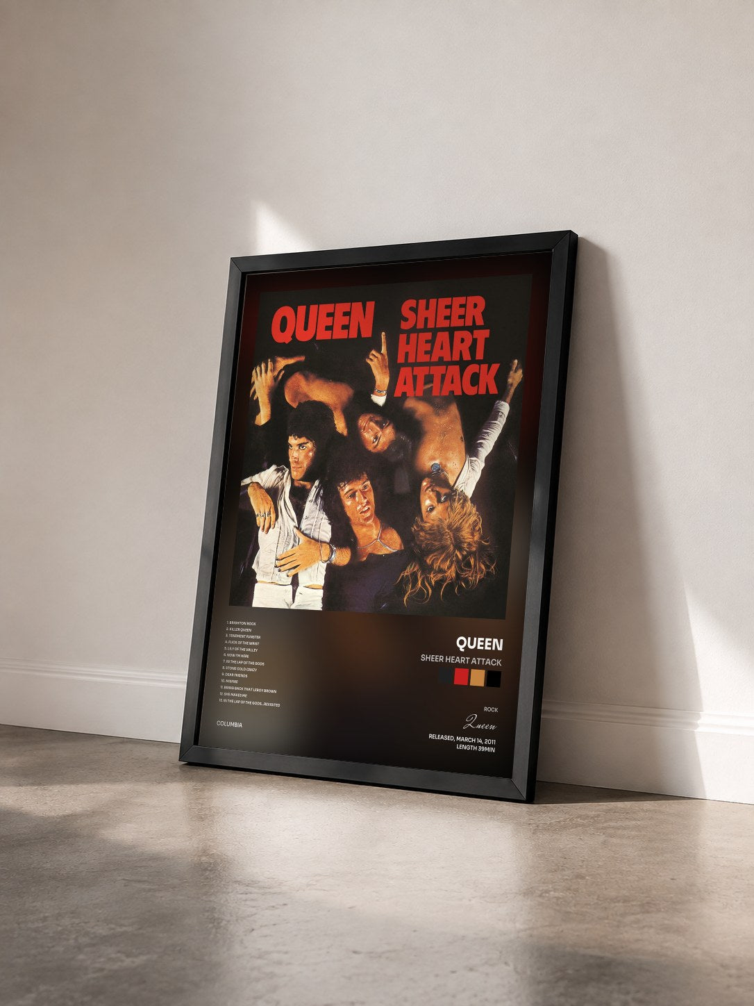#noir Tableau de l'album Sheer Heart Attack de Queen vu de trois quarts, cadre noir