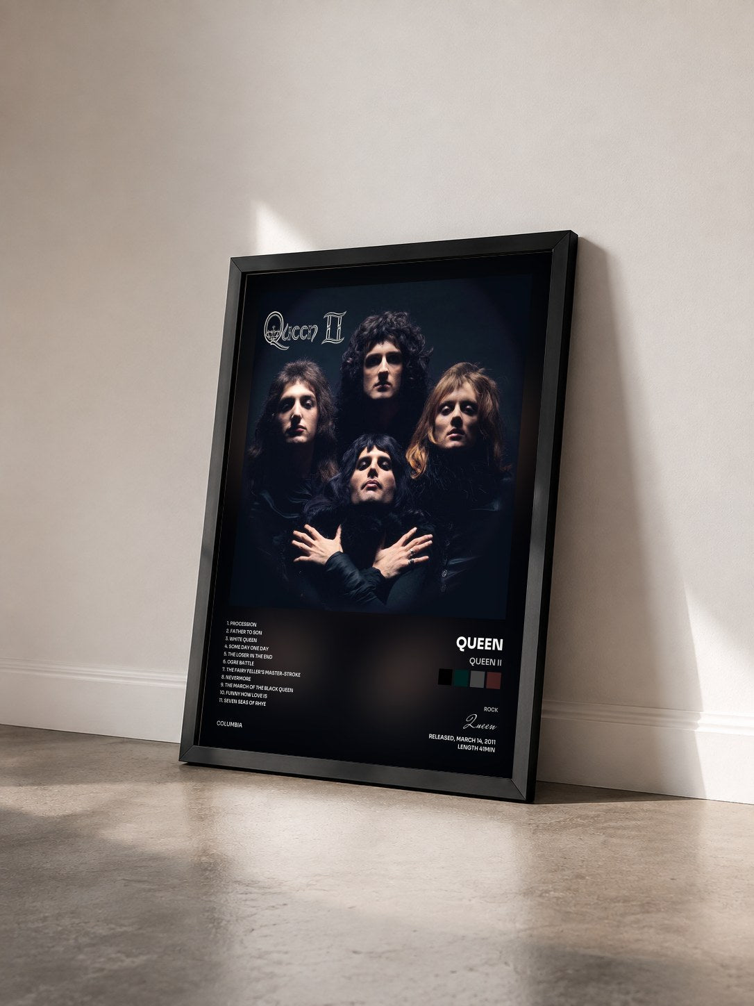 #noir Tableau de l'album Queen II de Queen vu de trois quarts, cadre noir