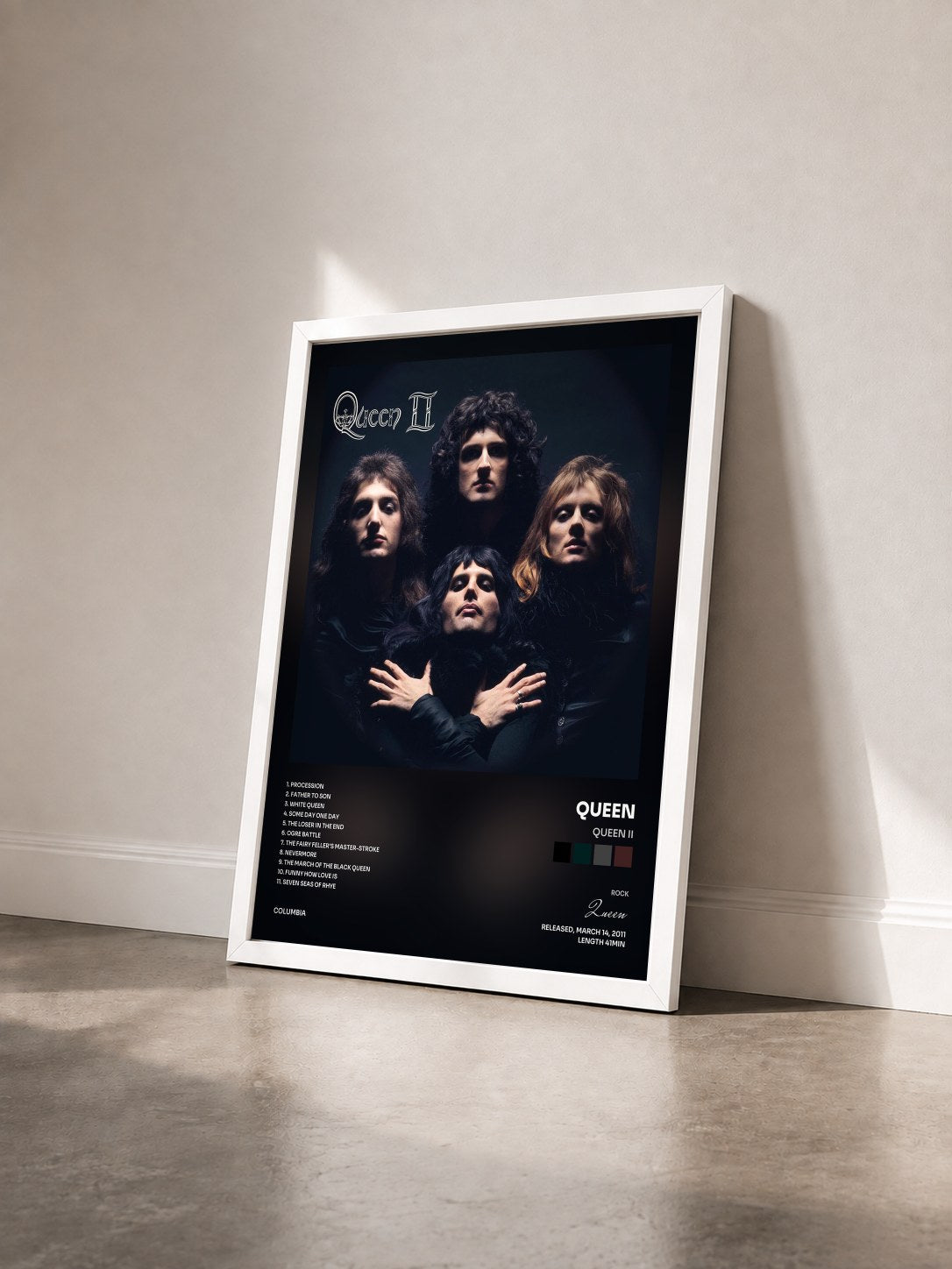 #blanc Tableau de l'album Queen II de Queen vu de trois quarts, cadre blanc
