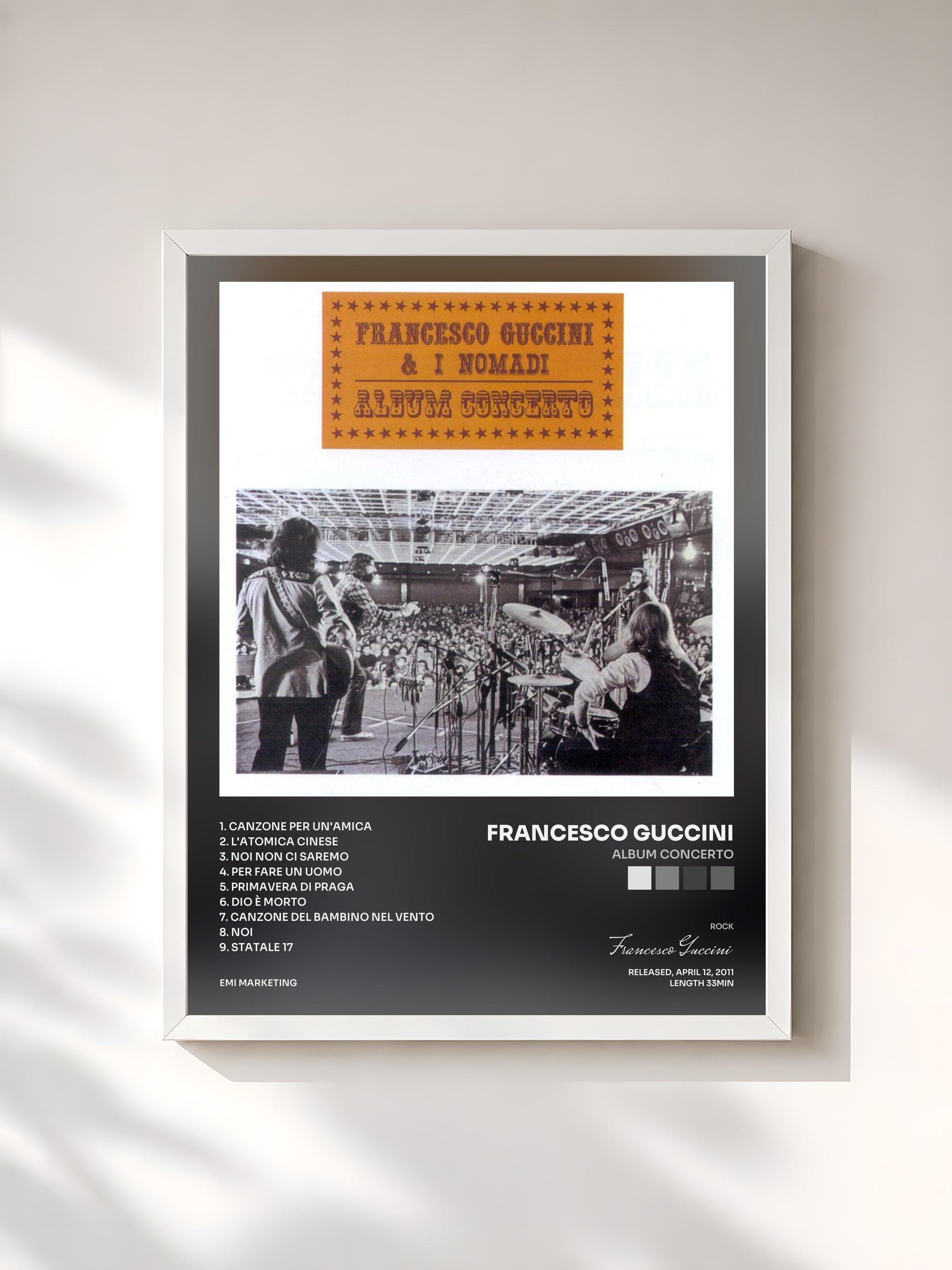 #blanc Tableau de l'album Album Concerto de Francesco Guccini, cadre blanc, imprimé et encadré en France
