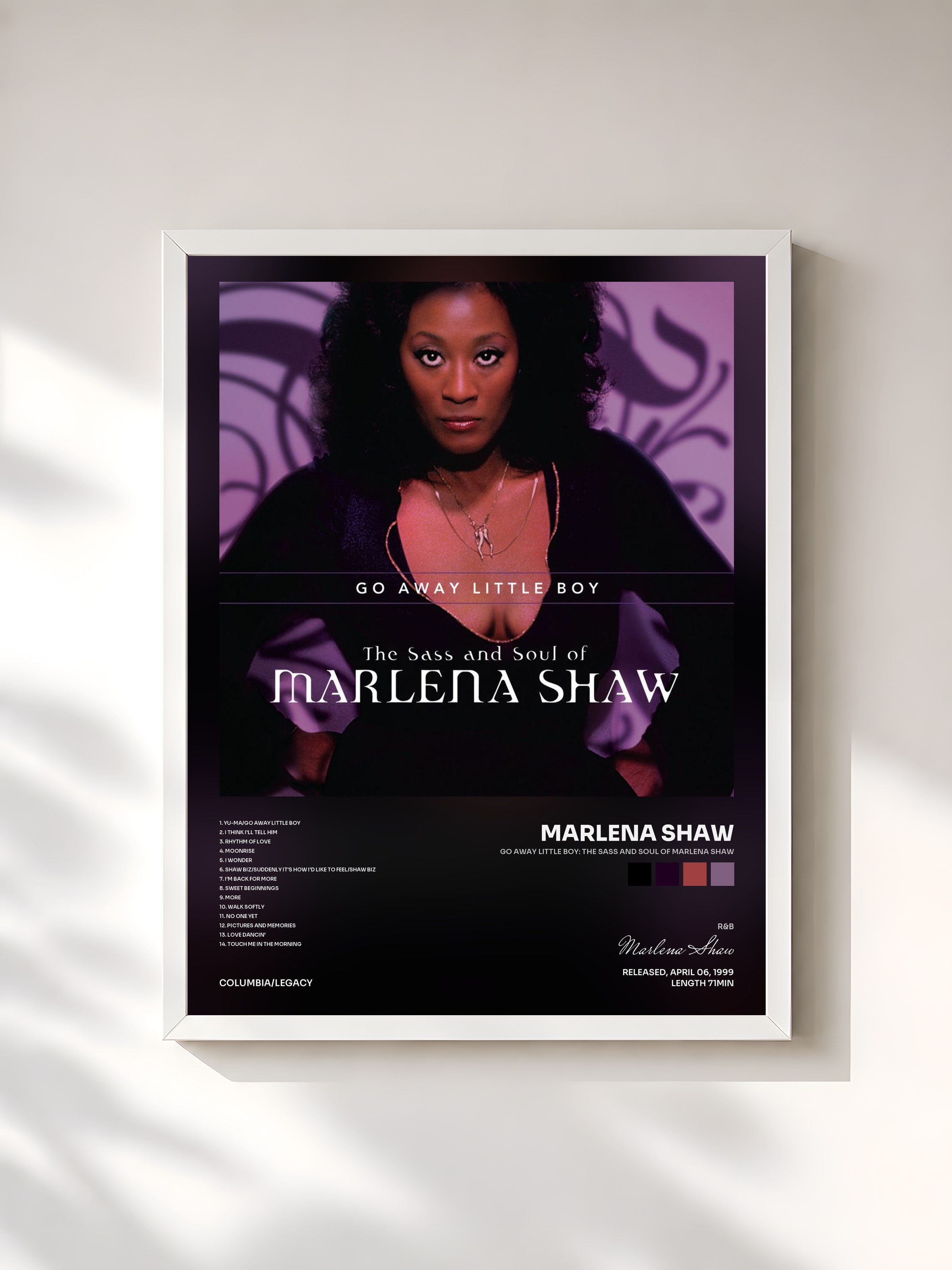 #blanc Tableau de l'album Go Away Little Boy: The Sass And Soul Of Marlena Shaw de Marlena Shaw, cadre blanc, imprimé et encadré en France