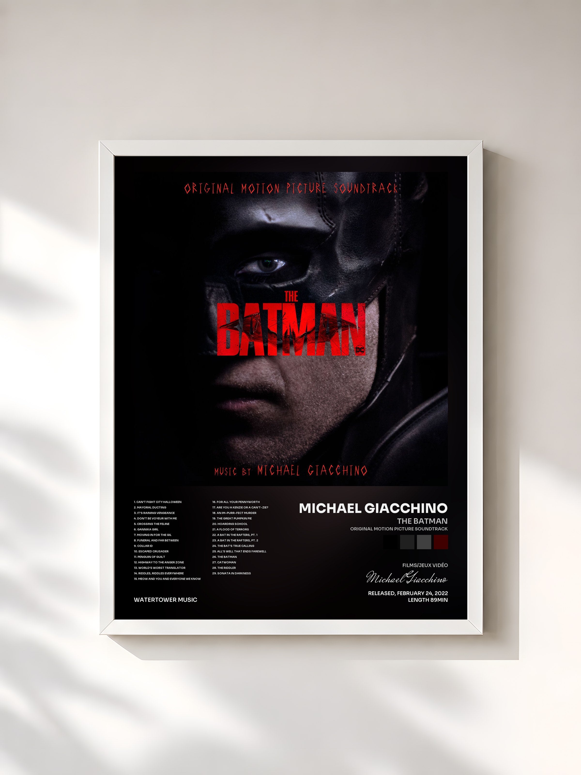#blanc Tableau de l'album The Batman (Original Motion Picture Soundtrack) de Michael Giacchino, cadre blanc, imprimé et encadré en France