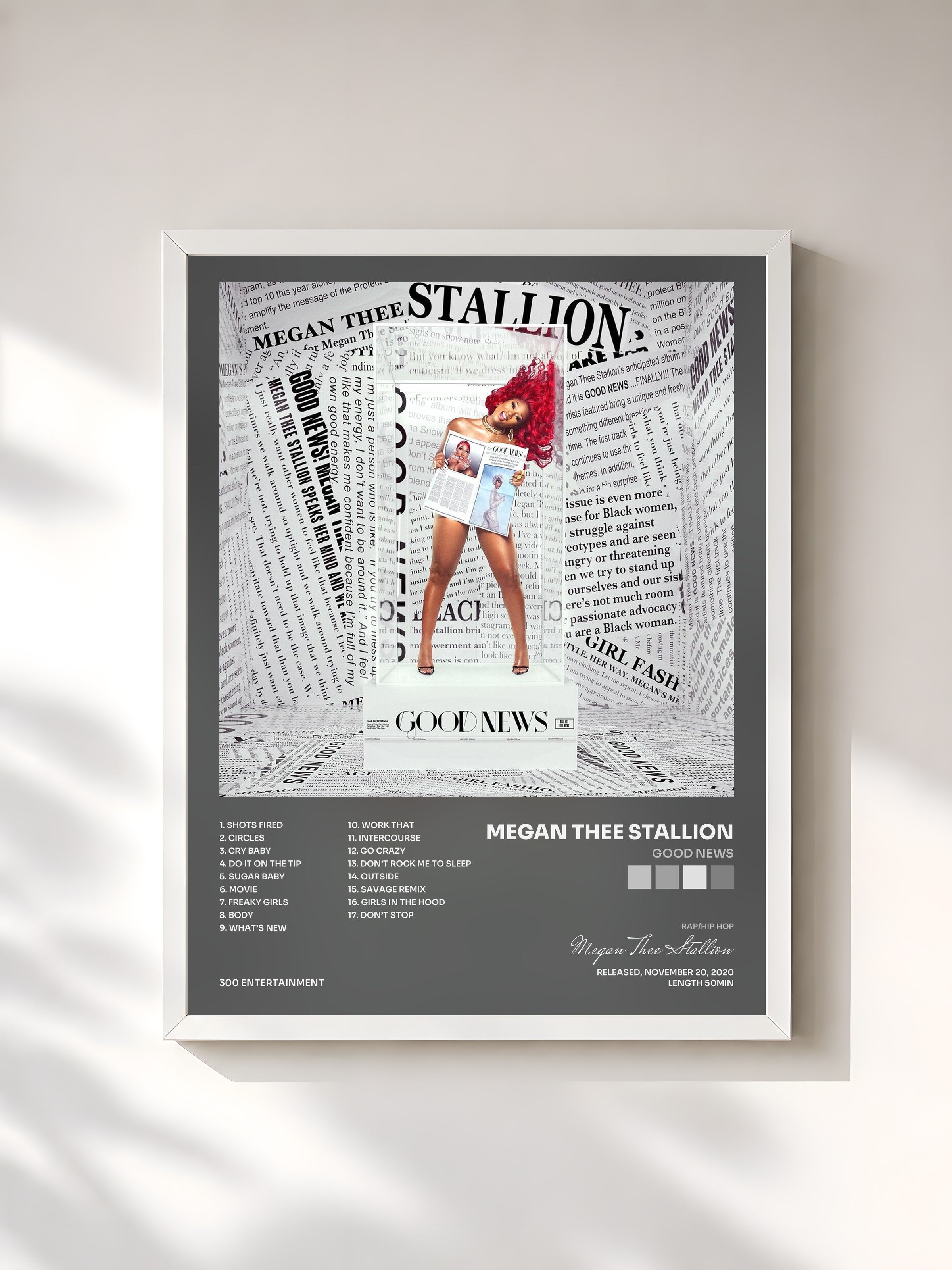 #blanc Tableau de l'album Good News de Megan Thee Stallion, cadre blanc, imprimé et encadré en France