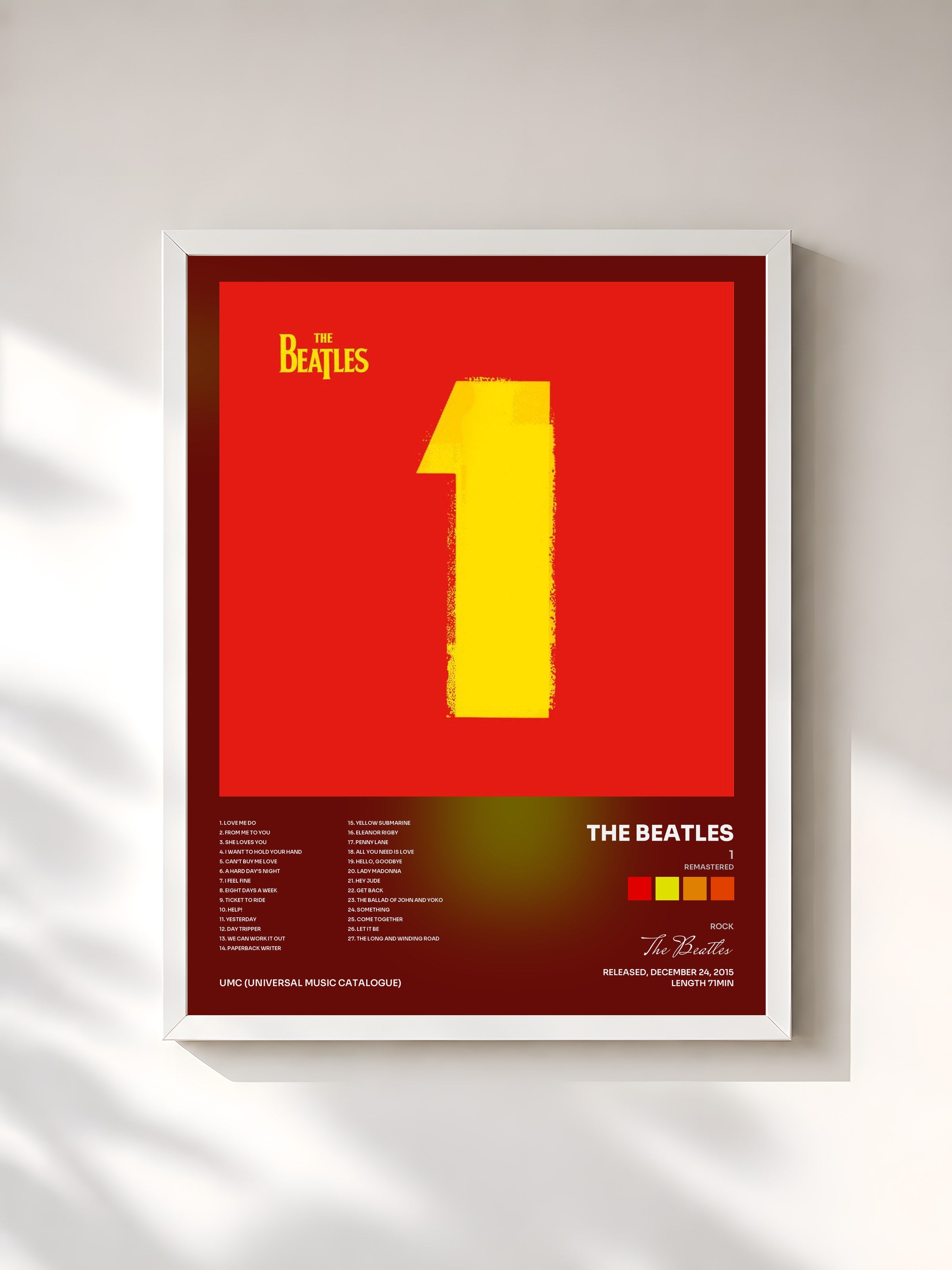 #blanc Tableau de l'album 1 (Remastered) de The Beatles, cadre blanc, imprimé et encadré en France