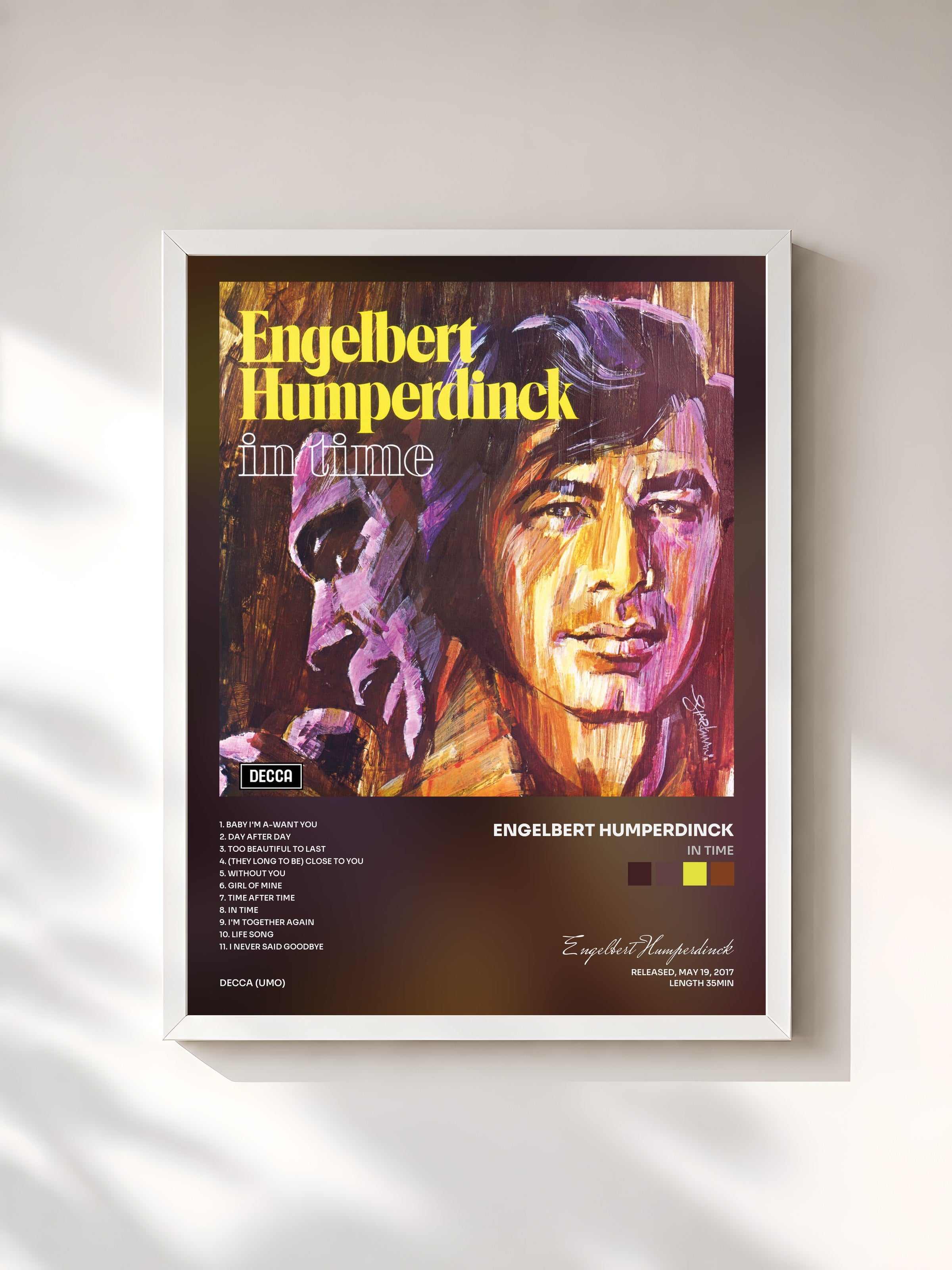 #blanc Tableau de l'album In Time de Engelbert Humperdinck, cadre blanc, imprimé et encadré en France