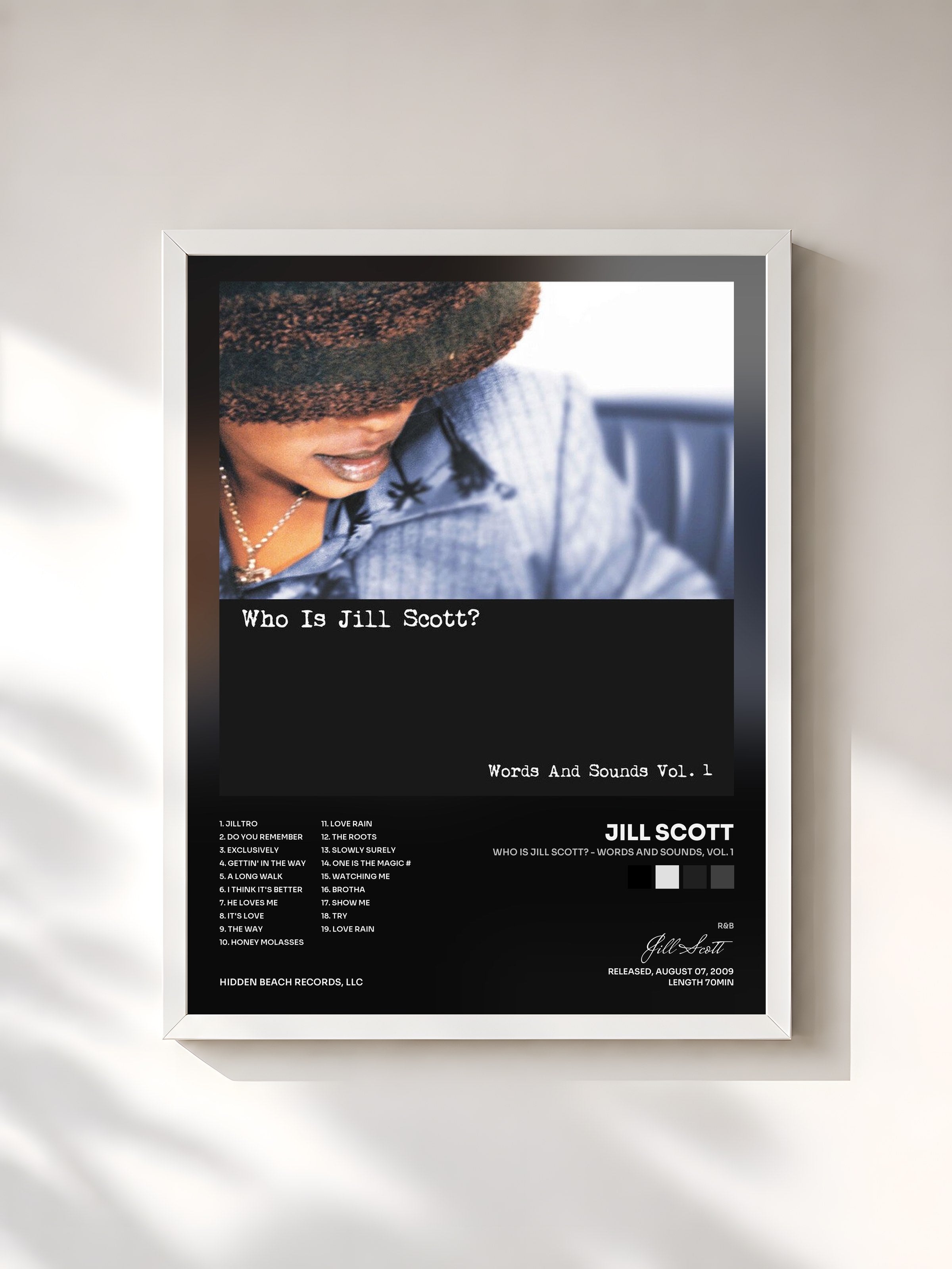 #blanc Tableau de l'album Who Is Jill Scott? - Words and Sounds, Vol. 1 de Jill Scott, cadre blanc, imprimé et encadré en France