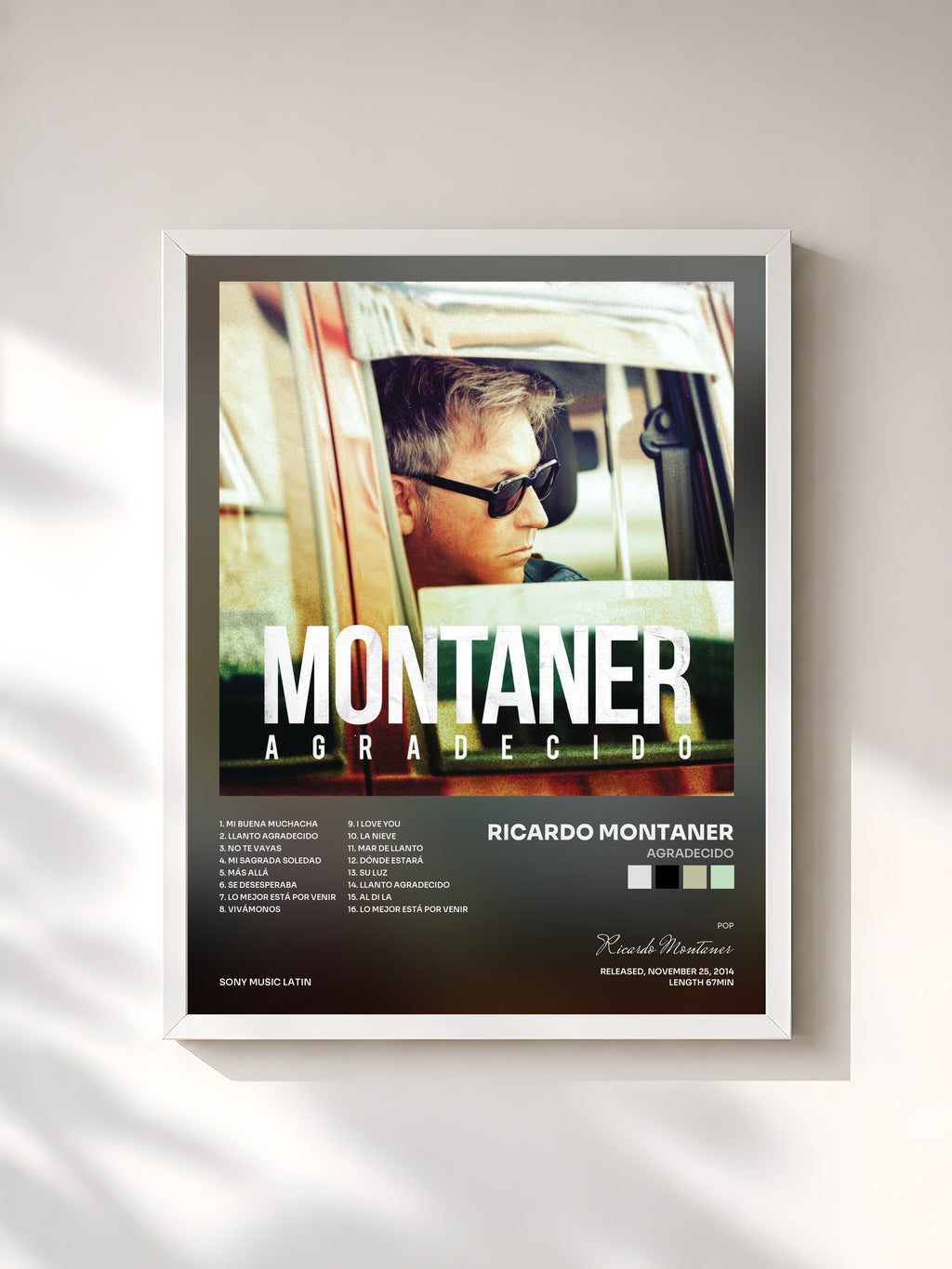 #blanc Tableau de l'album Agradecido de Ricardo Montaner, cadre blanc, imprimé et encadré en France