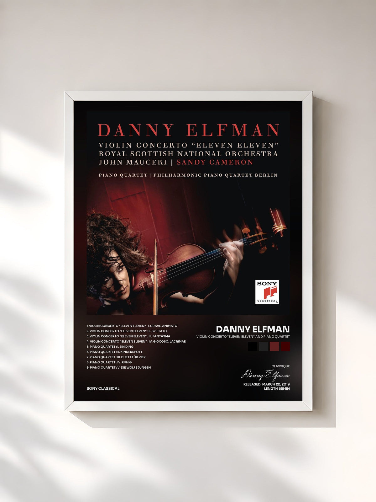#blanc Tableau de l'album Violin Concerto "Eleven Eleven" and Piano Quartet de Danny Elfman, cadre blanc, imprimé et encadré en France