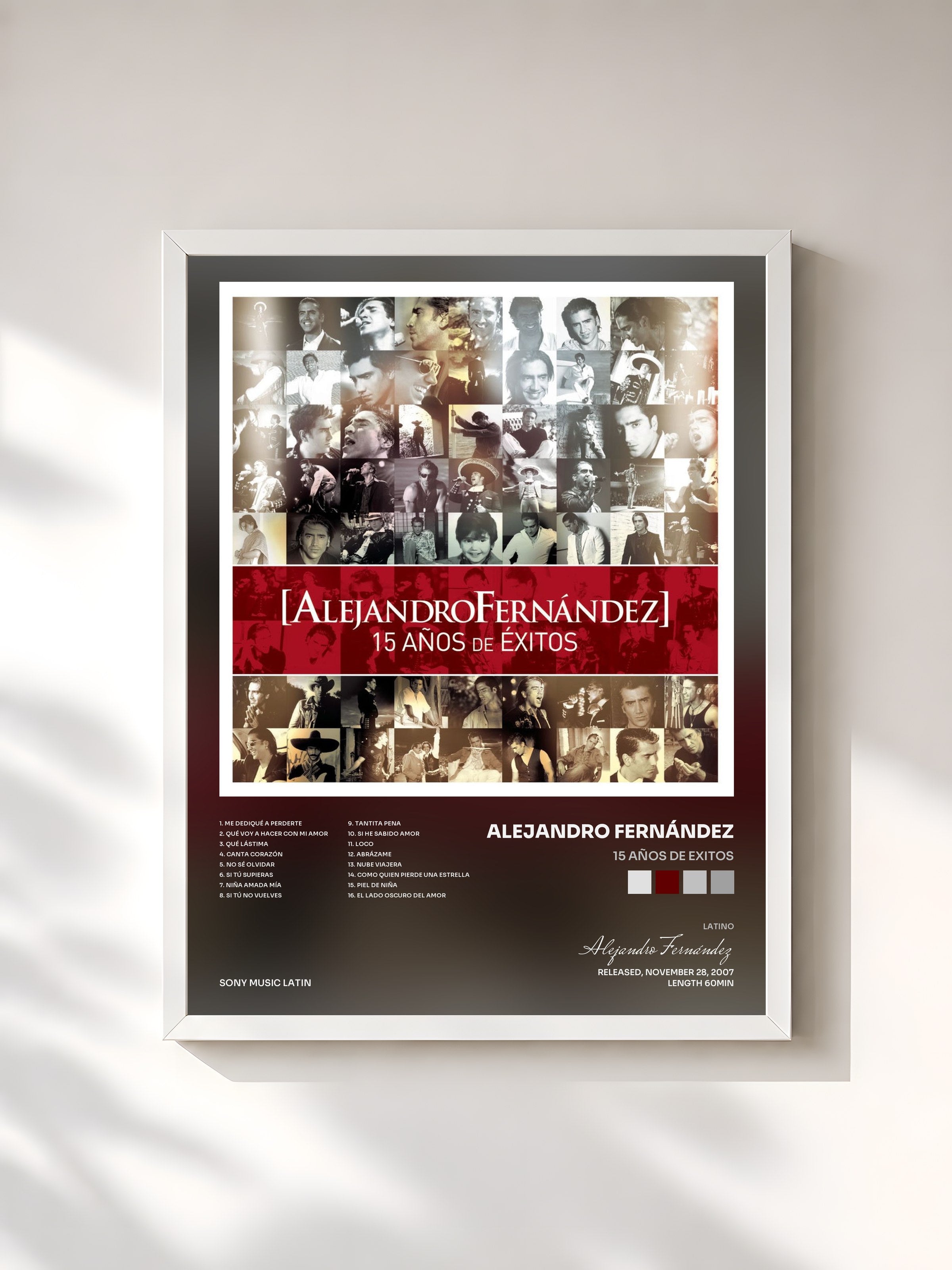 #blanc Tableau de l'album 15 Años de Exitos de Alejandro Fernández, cadre blanc, imprimé et encadré en France