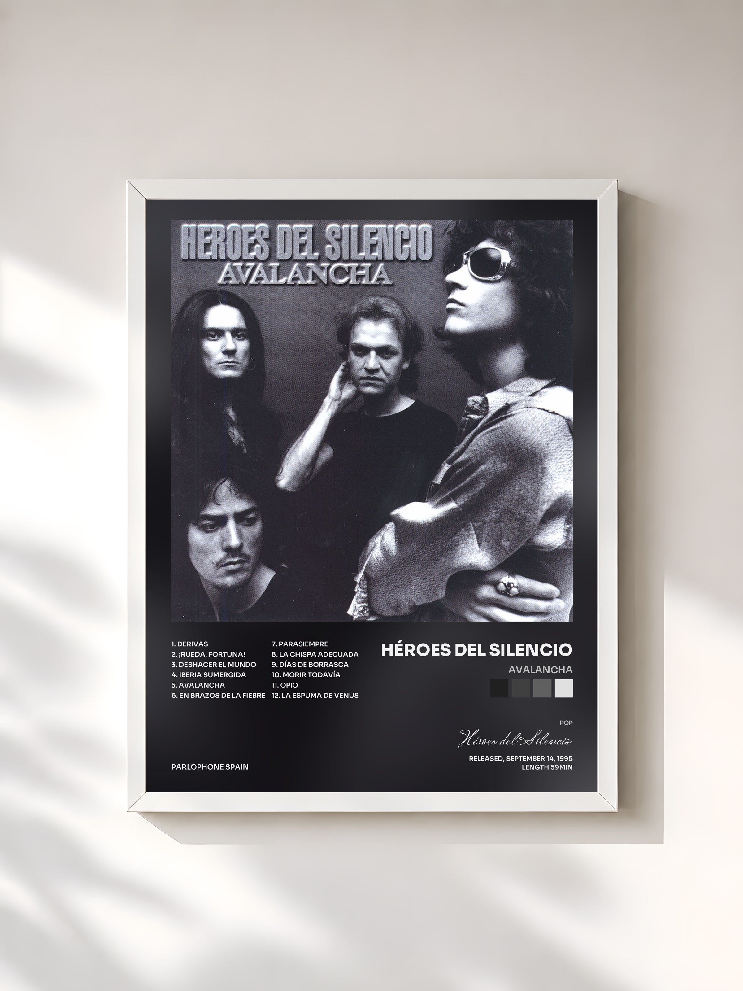 #blanc Tableau de l'album Avalancha de Héroes del Silencio, cadre blanc, imprimé et encadré en France