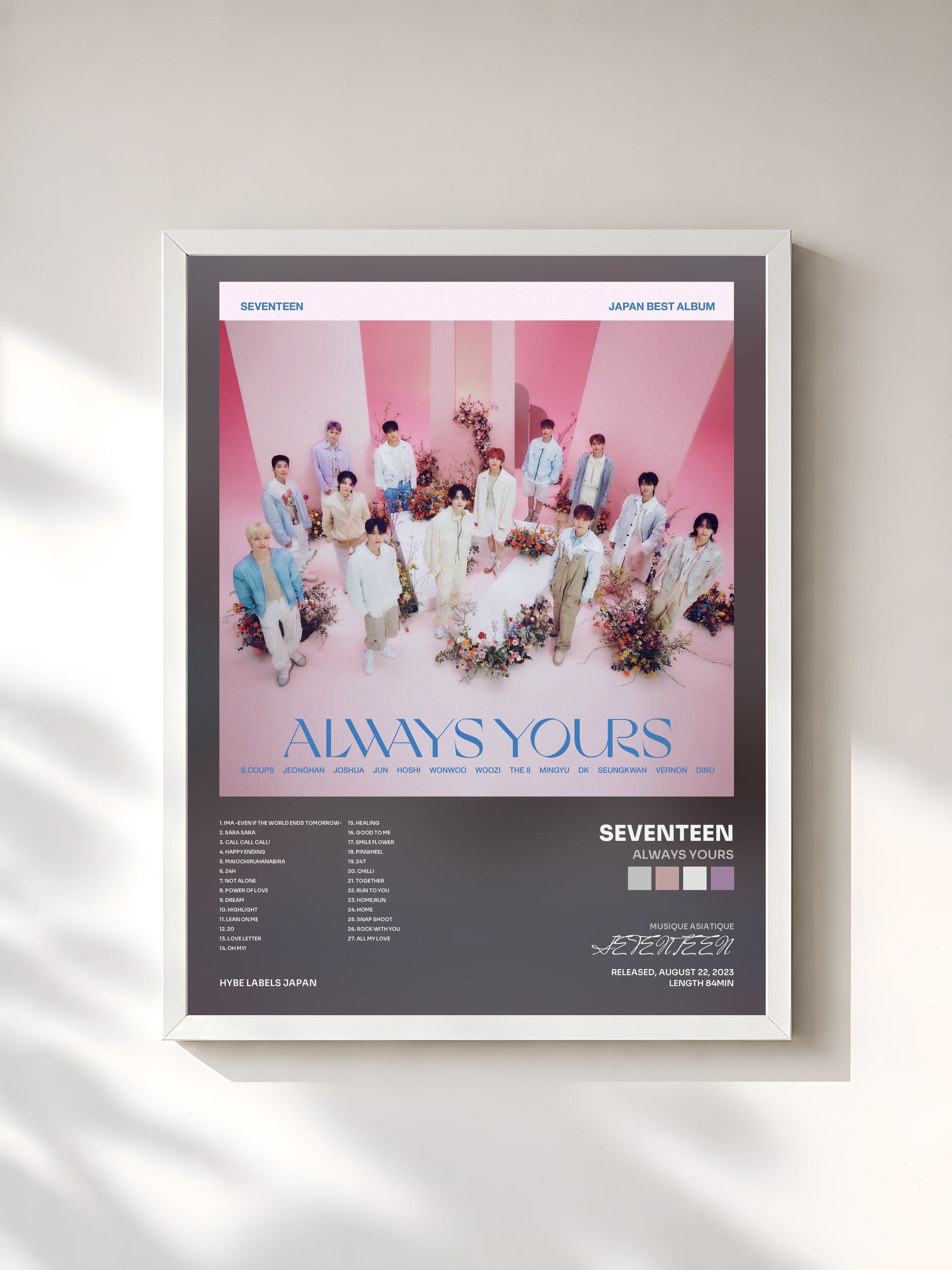#blanc Tableau de l'album ALWAYS YOURS de SEVENTEEN, cadre blanc, imprimé et encadré en France