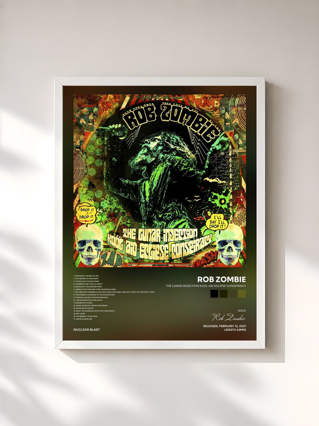 #blanc Tableau de l'album The Lunar Injection Kool Aid Eclipse Conspiracy de Rob Zombie, cadre blanc, imprimé et encadré en France