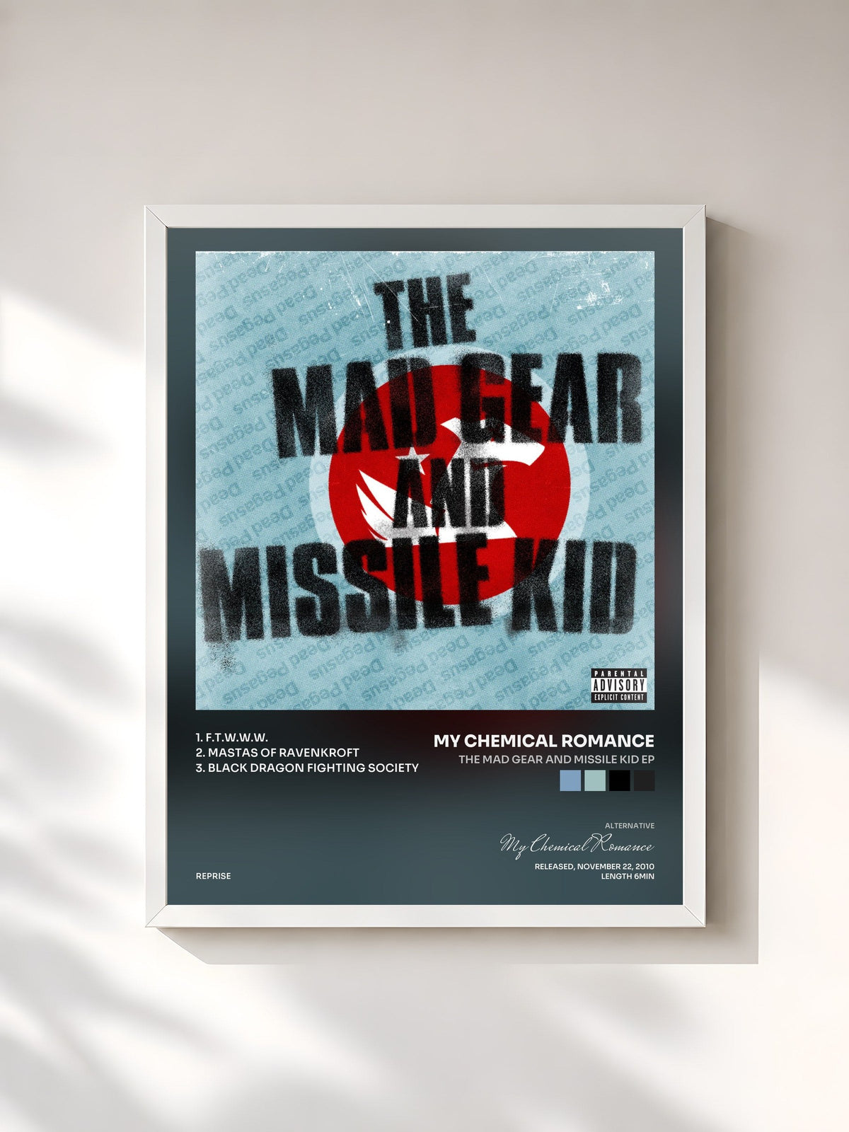 #blanc Tableau de l'album The Mad Gear and Missile Kid EP de My Chemical Romance, cadre blanc, imprimé et encadré en France